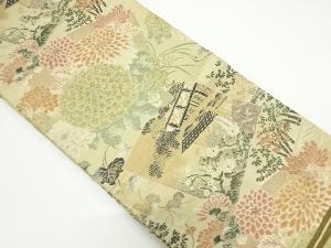 アンティーク　色紙に菊・屋敷風景模様織り出し丸帯（着用可）